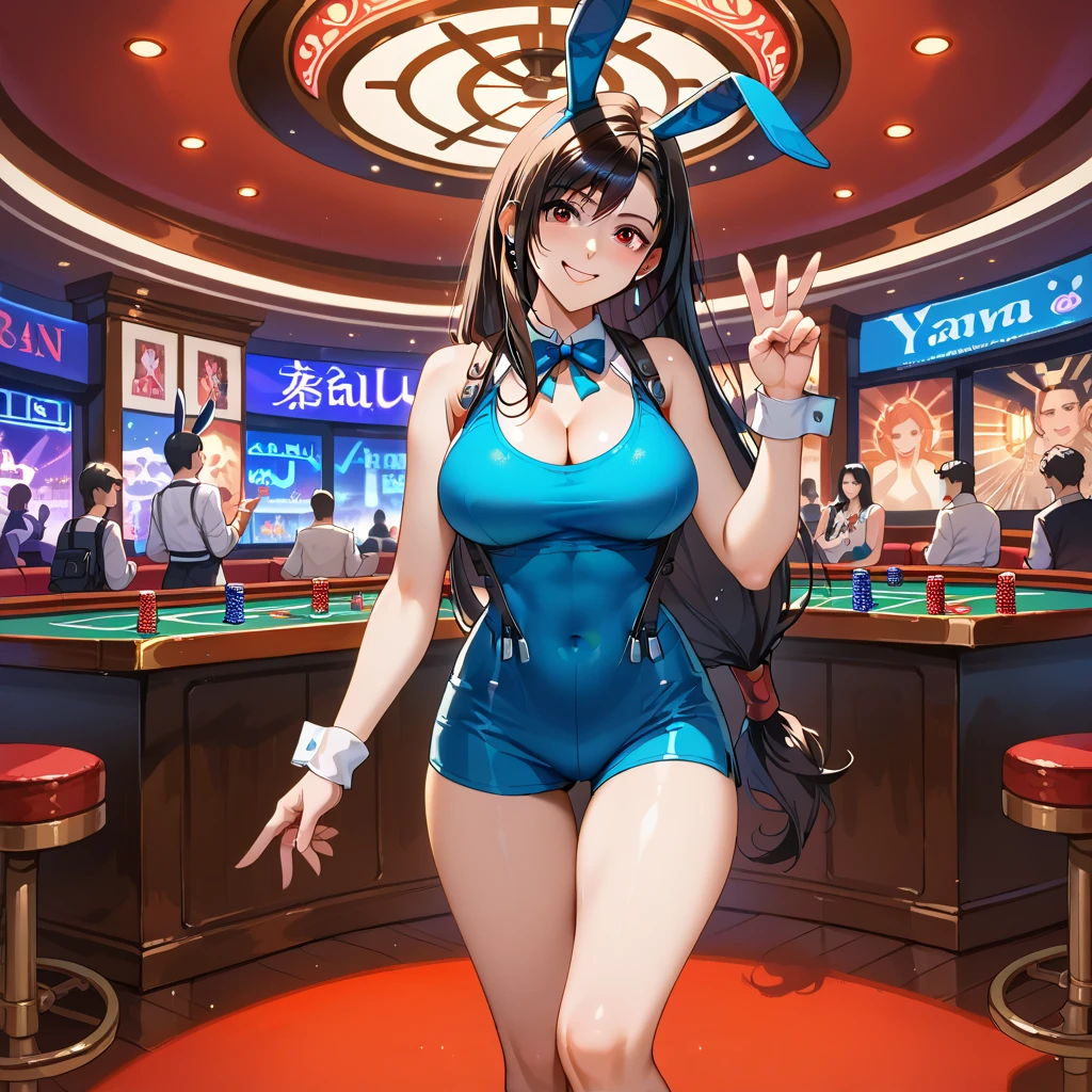 Anime illustration、highest quality、cyber punk、Fantasy、A voluptuous, sexy bunny girl with dark brown skin、Bunny ears、A large and luxurious casino、Slot Machineagic giant roulette wheel、Big Breasts、Thick thighs、Beautiful, shining eyes、Cowboy Shot、smile、Noise Reduction