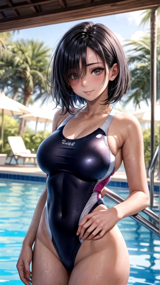 ((masterpiece,best quality,ultra detailed,high resolution)),(daytime,clear weather,bloom,front light),swayback stance,looking viewer,((cowboy shot)),((solo)),(beautiful-woman),(black hair,straight hair,medium hair),(beautiful detailed face,beautiful detailed eyes,fair skin),light smile,(competition swimsuit,wet-swimsuit),(cameltoe:1.2),on the pool,(breasts lift),