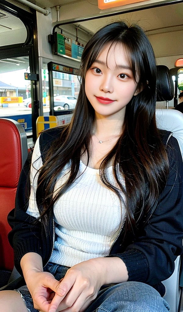(A gorgeous beauty carrying a commuter bag takes a commemorative photo:1.2)(grin,smile:1.1)(Beautiful Sweat:1.1)(16k, RAW Photos, Highest quality, masterpiece: 1.2),(Elegant hairstyle with glossy brown hair:1.2) Super detailed, Super Resolution, (Genuine, Genuine photos: 1.37), Portraiture, High-resolution RAW color photos, Professional photos, Very detailed, 8k wallpaper, Very detailed CG Unity 8k wallpaper, Very detailed beautiful girls, Very detailed faces, ((whole body)), beautiful woman, Huge breasts,(huge boobs:1.1) (Big Boobs:1.1), beautiful  (Tight suit),high school girl, Korean Girls,(K-POP Female Idols), (Idol-class beauty)(Beautiful:1.1)(Inside the route bus)(30 years old)(Office lady outfit:1.1)(Commuting photos:1.2)gal,japanese gal(Commuting Photos:1.1)(from side)