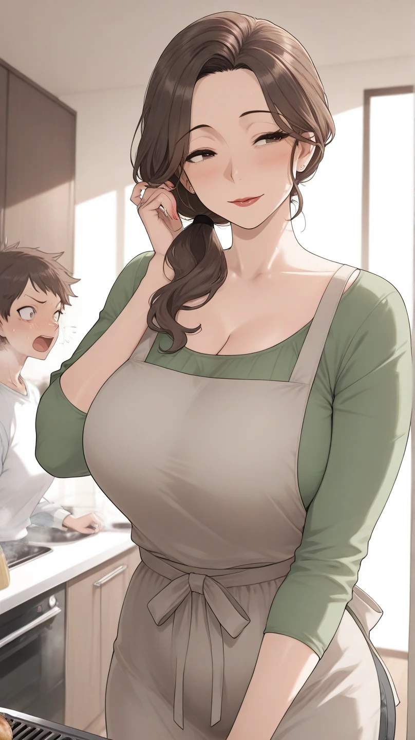 a mother and her son, illustration of several images as if for a comic strip, mother drinks a love potion, mother blushes, son is embarrassed, the mother wants a sexual relationship, big , sexy mother, young son, the mother has on the screw, on the sister's face