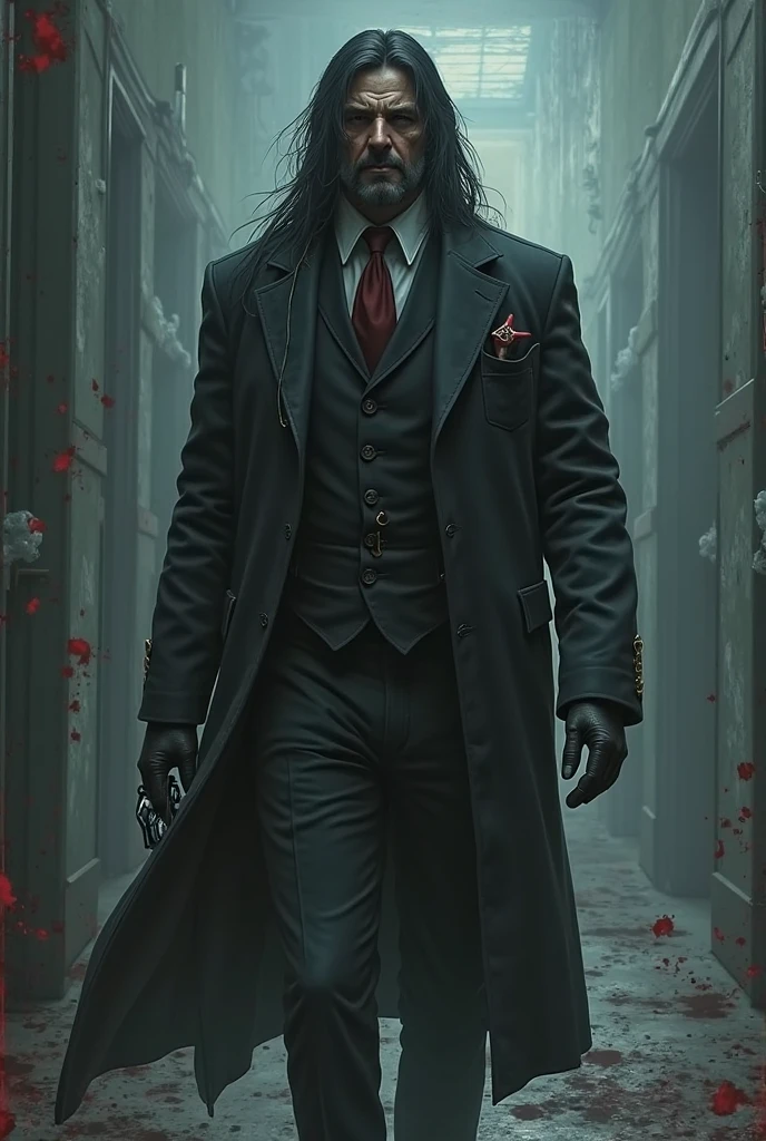 male. black long hair. blindfolded. bloody scythe in hand. wearing a suit tattered. covered in blood. canines showing. bloody mouth. masterpiece. 4k. horror. magazine type no WRITING