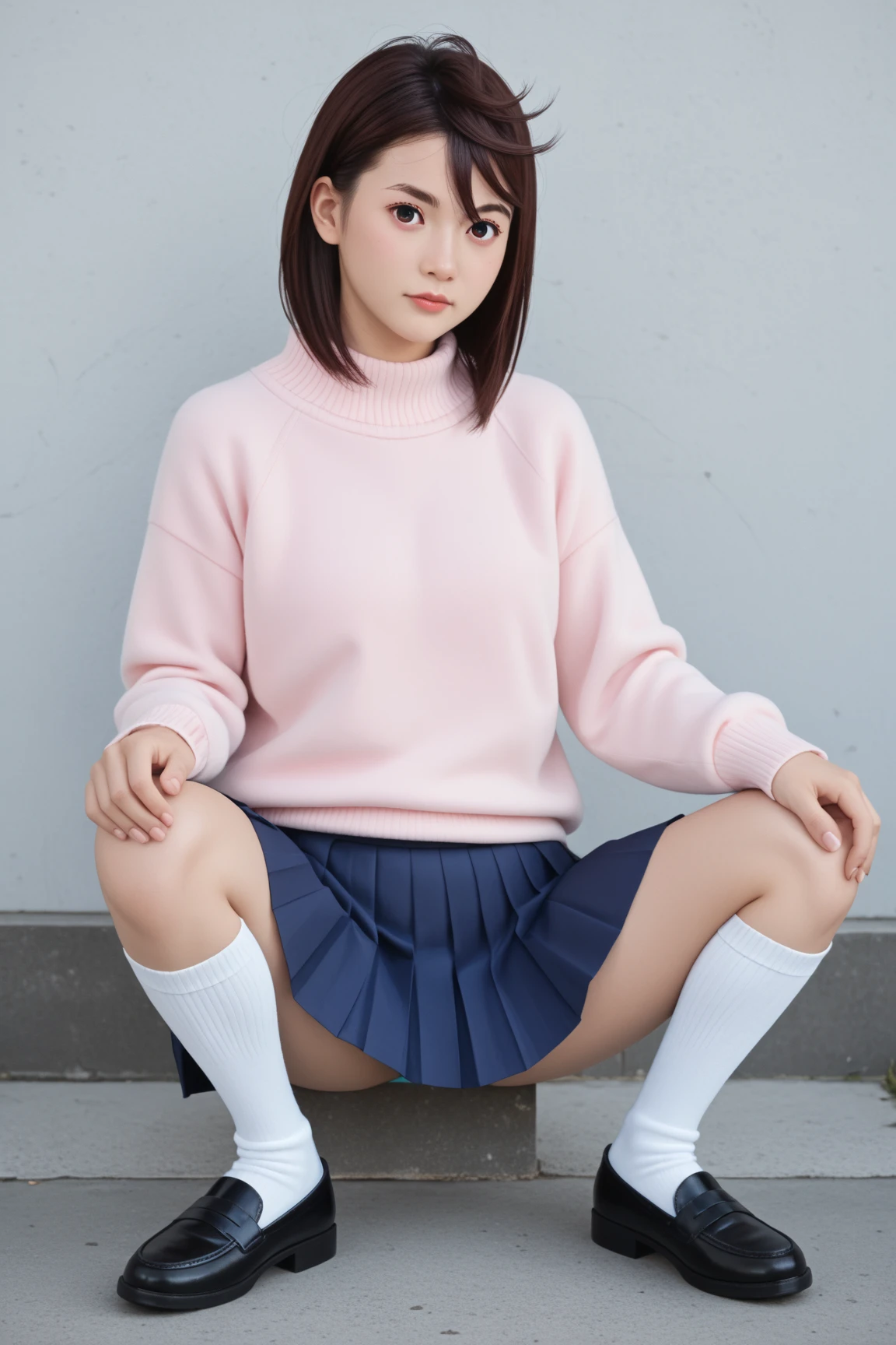 ((highest quality、8k、masterpiece:1.3)),((((fullbody shot)))),Ultra-high resolution,big eyes,Japanese,bangs,(a girl),(1 girl),((20 years old)),((facing at viewer)),(long hair),(((black sweater))),grin,((squatting on deck)),(((pussy))),((skirt lift)),(((black short crew socks)))