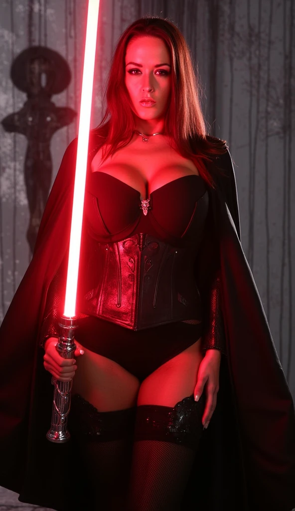 star wars theme, beautiful blonde girl, sith outfit, curly hair, green eyes, open sith outfit, beautiful smile, big breasts, panties and bra, holding a red lightsaber