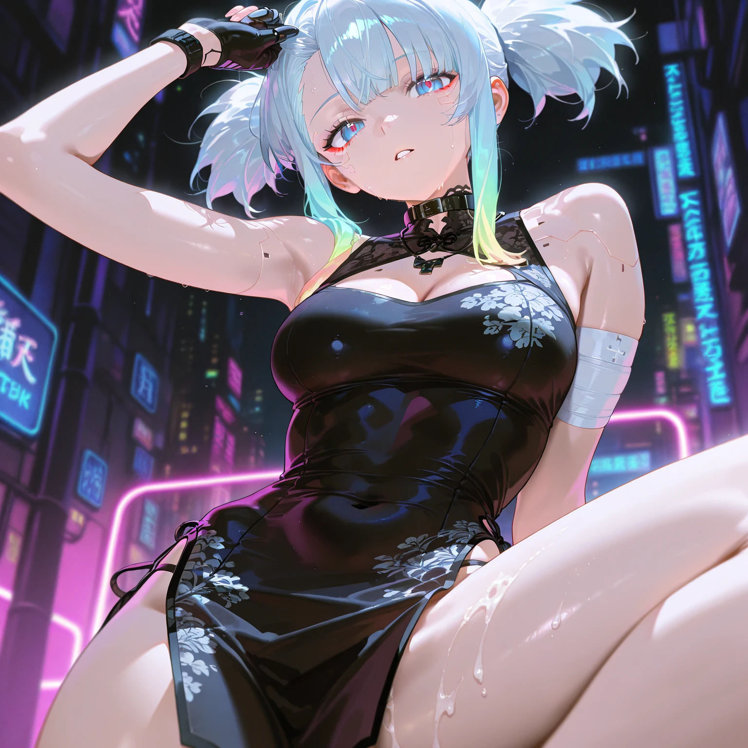 {{masterpiece}}, best quality, extremely detailed CG unity 8k wallpaper, cinematic lighting, lens flare, beautiful detail eyes, black, side glance, multicolor short white hair, colorful light, particles, heterochromia, (colorful:1.5), (colorful hair:1.5), show body goal, swimsuit, rooftop view, night,