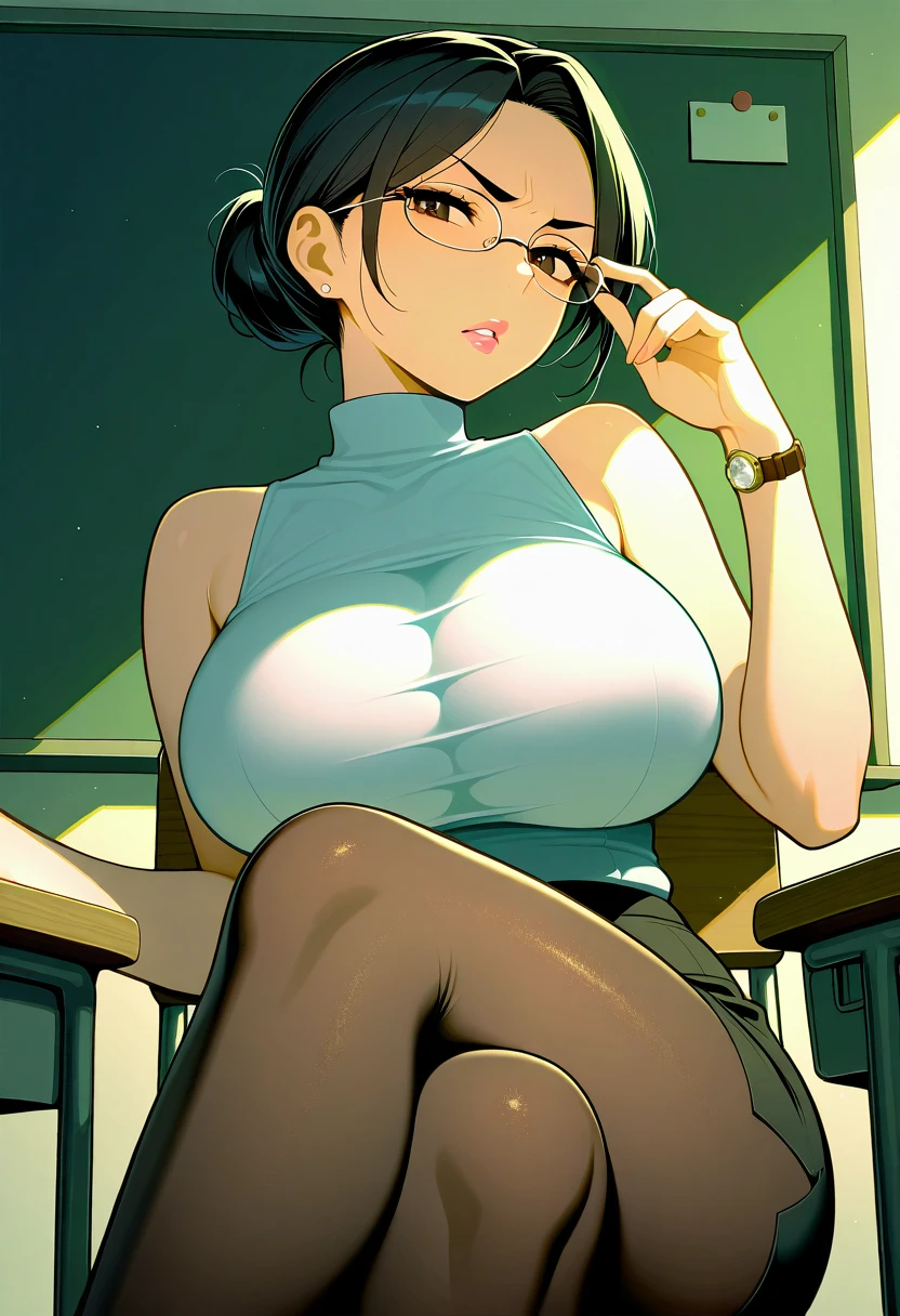 Perfect, masterpiece, (best quality, highres:1.2), 1girl, beautiful detailed eyes, beautiful detailed lips, extremely detailed eyes and face, long eyelashes, medium:oil painting, vivid colors, HDR, studio lighting, ultra-fine painting, sharp focus, physically-based rendering, extreme detail description, portraits, ((organized fingers)), curvy body, big breasts, perfect shape, facing viewer, sweaty, gorgeous, ((arms up)), sleeveless shirt, smiling, very short hair, glasses