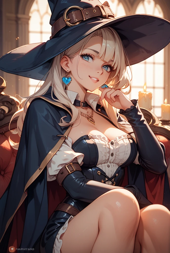 (SFW), masterpiece, best quality, highres 64k, clean, cinematic lighting, best shadow, volumetric lighting, ((beautiful detailed face,)) beautiful detailed blue eyes, beautiful detailed blonde hair, multicoloured hair, (best illumination), (very sexy young female body:1.4), (medium breast, lactation ), (( seductive smile, black lips, parted lips, )), looking lovingly at the viewer, floating hair, makeup, 1girl, solo, (mercy), long hair,  long ponytail, (seductive:1.3), ((witch, wet witch costume)), witch hat, book on the belt, torn brown legwear, outdoors, the top of castle ruins, (seductively sitting, leaning forward, ) (in front, upper body,   cowboy shot), <lora:mercy:0.5>