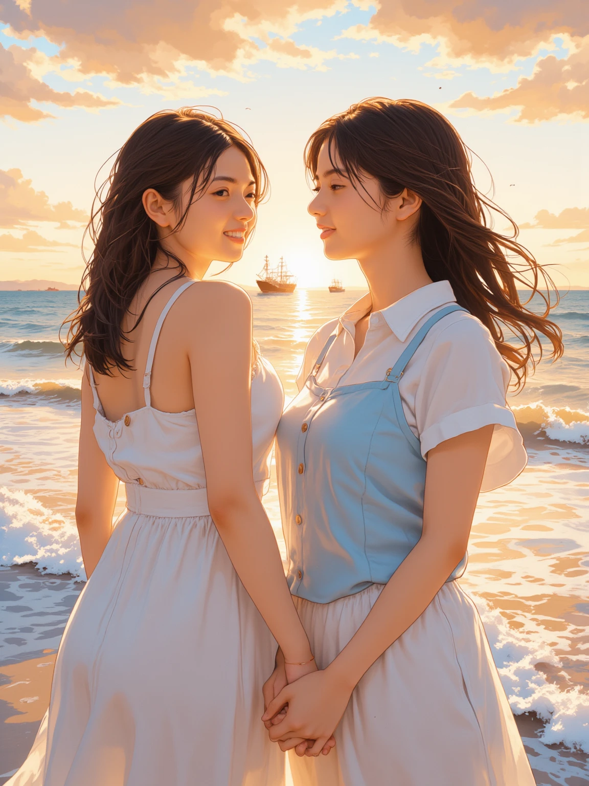 (Positive focus, Original photo),(((model shoot,2girls,duo,Hugging))),navel,Portrait close-up, (Sunset: 1.1), Surrealistic Female Portraits by David Hockney and Alphonse Mucha, Fantasy art, (Blue pupil: 1.4, shiny pupils: 1.4, Big eyes: 1.1), Photo fidelity, Dynamic lighting, Art Station, poster for, voluminetric lighting, Very detailed face, 4K, Award-winning, Shadows, understated, (official outfit: 1.4, Complex clothing), Looking at the camera, Bust Up Shot, (Realistic face)),