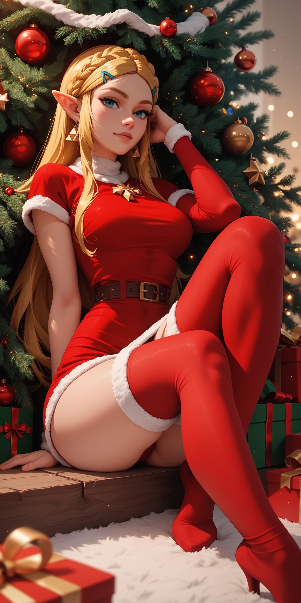 Blake Lively, Santa Claus sexy clothes, stand in front of the Christmas tree, character portrait, 3 9 9 0 s, long hair, intricate, elegant, highly detailed, digital painting, artstation, concept art, smooth, sharp focus, illustration, art by wlop, charlie bowater and alexandra fomina, no watermark