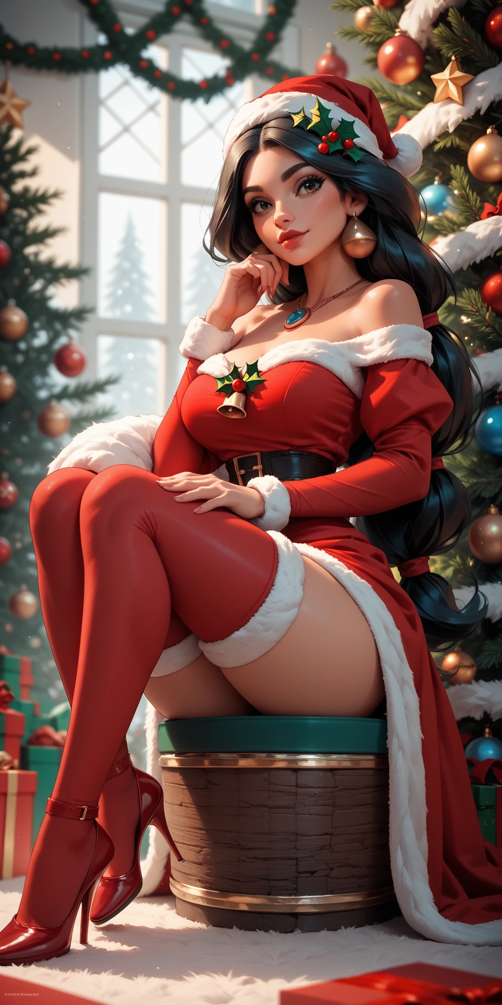 score_9, score_8_up, score_7_up, score_6_up, uncensored, SayoLOR, tattoo on body, black hair, single hair bun, hair stick, black eyes, BREAK (masterpiece:1.2), best quality, high resolution, (detailed eyes:1.3), perfect lighting, (perfect hands, perfect anatomy), large breasts, sagging breasts, black kimono, off shoulder, 1girl, gag, gagged, nude, bound, ball gag, in container, box, solo focus, looking at viewer, blush, bdsm, lying, bondage, in box, arms behind back, christmas, gift, barefoot, on side, christmas ornaments, ass, fake antlers, bound wrists, christmas present,