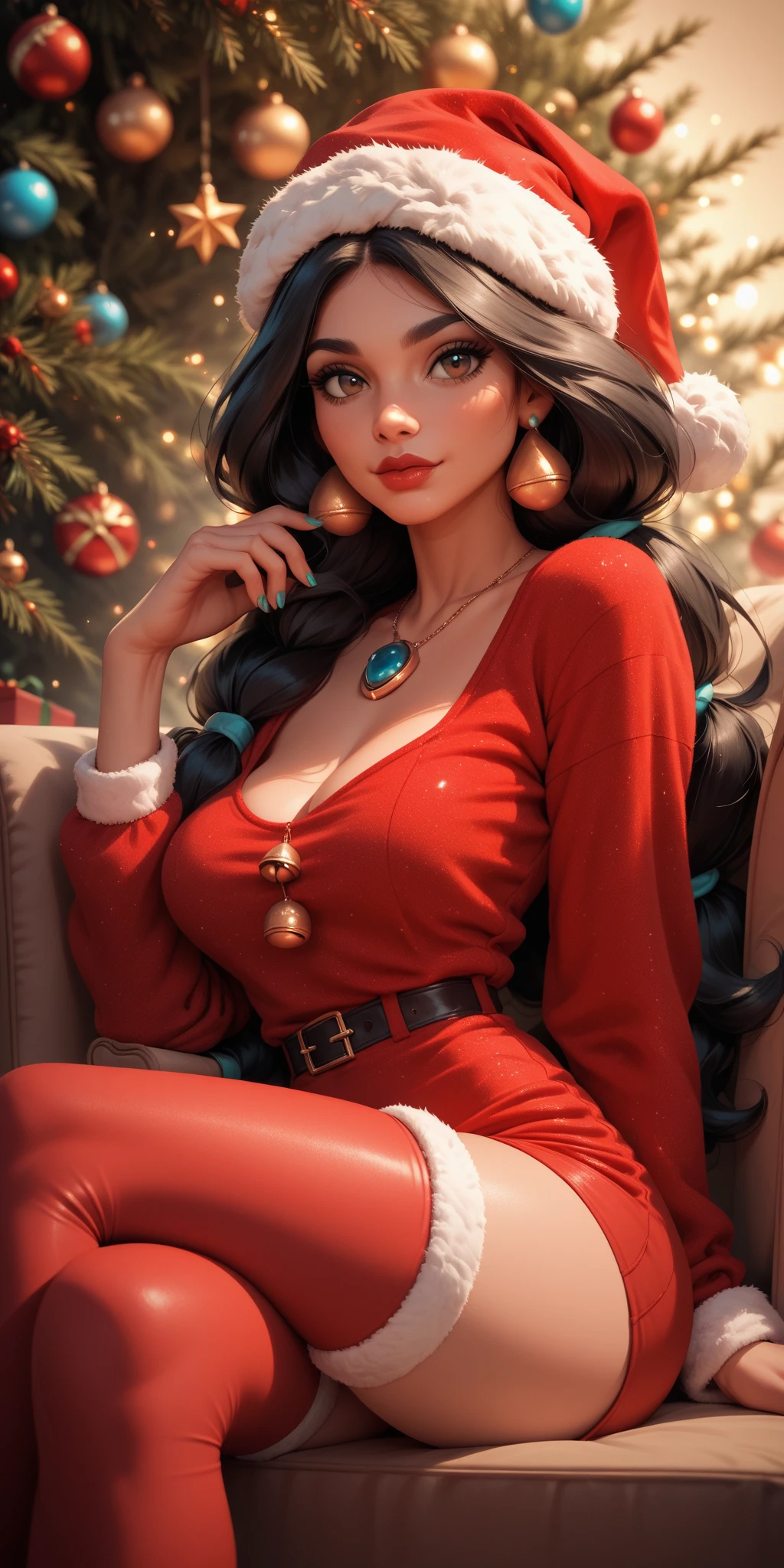 Medium round breasts a little sagging, 1 mature woman, (("twilight black hair" voluminous, high ponytail)) ((cute and beautiful woman)), double eyelids, detailed eyes, hyper-detailed eyes, light effect on the eyes, detailed iris, has an extremely sexy appearance, with incredible breasts and perfect waist, and an extremely sexy body, women's Christmas style short red dress blouse, with thin straps, beautiful makeup, cleavage, Christmas celebration ((work -prime, hyper realistic , hyper detailed, best quality, 16k, light and shadow effect on the skin), eyeliner on the eyes, cute expression, sweet smile, blue lips, tanned skin, in the bedroom, Christmas tree, beautifully seductive woman, sexy pose: 1, 3, seductive look