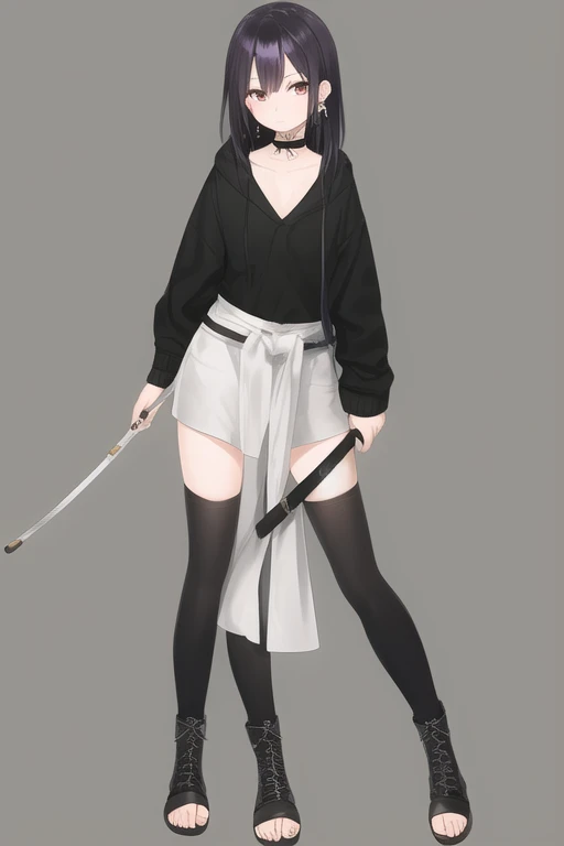 masterpiece, best quality, simple background, (leaning forward, bent over:1.3), ((ancient destroyer oni)), abyssal ship, shinkaisei kan, 1girl, pale skin, white skin, blue eyes, black hair, drill hair+side ponytail, hakama, hakama skirt, kimono, striped skirt, black gloves, wide sleeves, thigh boots, black thighhighs, east asian architecture