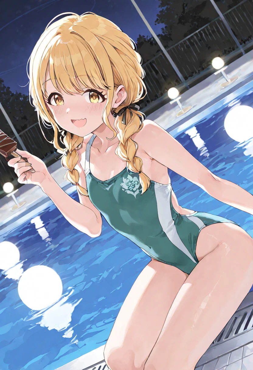nsfw,top-quality,Top image quality,in 8K,4K,​masterpiece,ultra-detailliert,Beautiful、ultra-quality, best quality,high resolution, ultra-detailed,game cg,dutch angle ,beautiful detailed eyes, visualart,five fingers, perfect hands, Solo,sakurai_momoka_theidolmastercinderellagirlsu149
blonde_hair, hairband, short_hair, green_eyes, bangs, upper_body, smile, bow, open_mouth, wavy_hair, Child's body shape, flat chest, competition swimsuit, colorful,