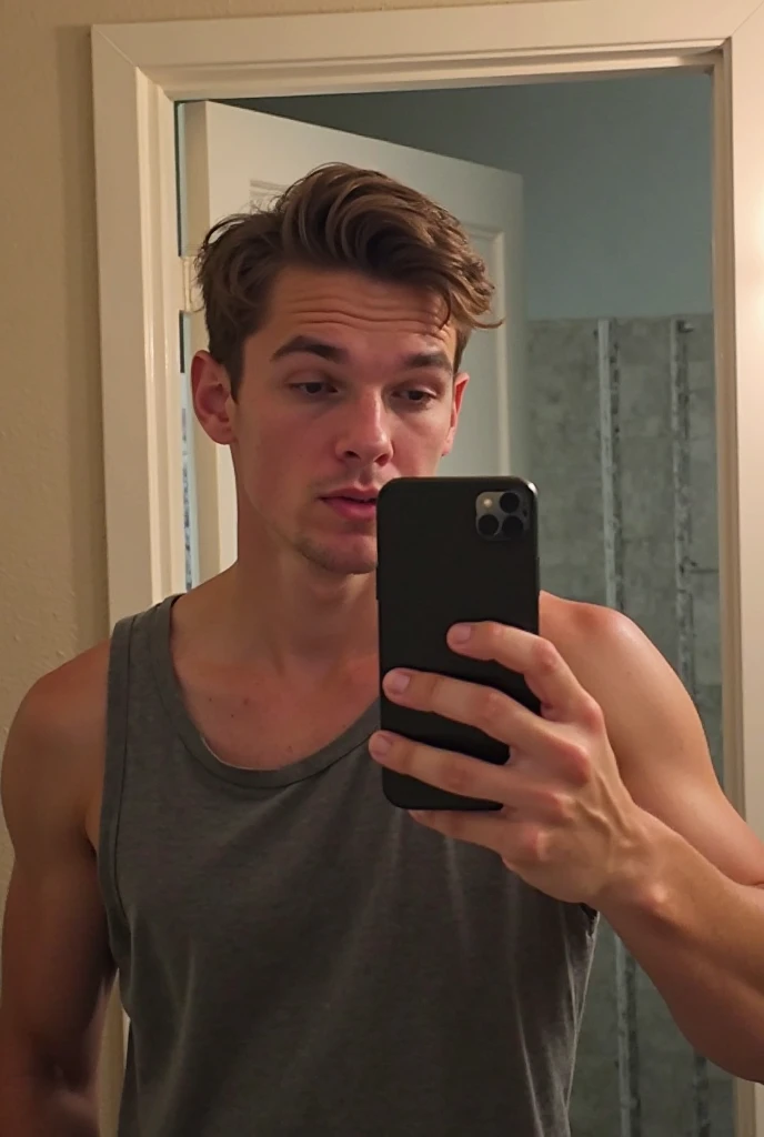 Tom Holland taking a selfie in the mirror, mid-shot of a hunky, 21 years old, 2 2 years old, shirtless, 2 3 years old, 2 7 years old, perfect body, sexy masculine, super buff and cool, 18 years old, fairly muscular, 2 8 years old, 2 9 years old