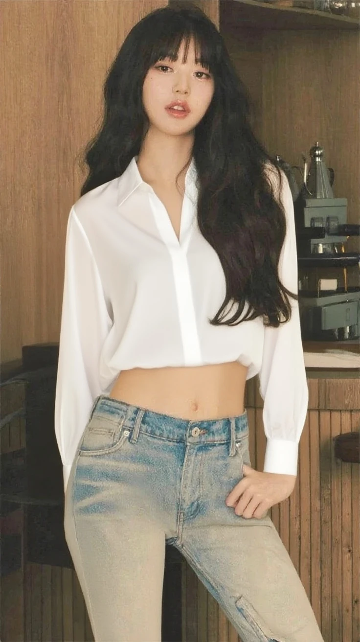 Best Quality, Masterpiece, Ultra High Resolution, (Realistic: 1.4), Original Photo, Official Art, Wallpaper, Bust Photo, Skin, Simple Background, Black Eyes, Details, 1 Girl,,White Shirt,Belly button,Ragged denim shorts,Breeze,Sunlight,Water Mist,Studio light,