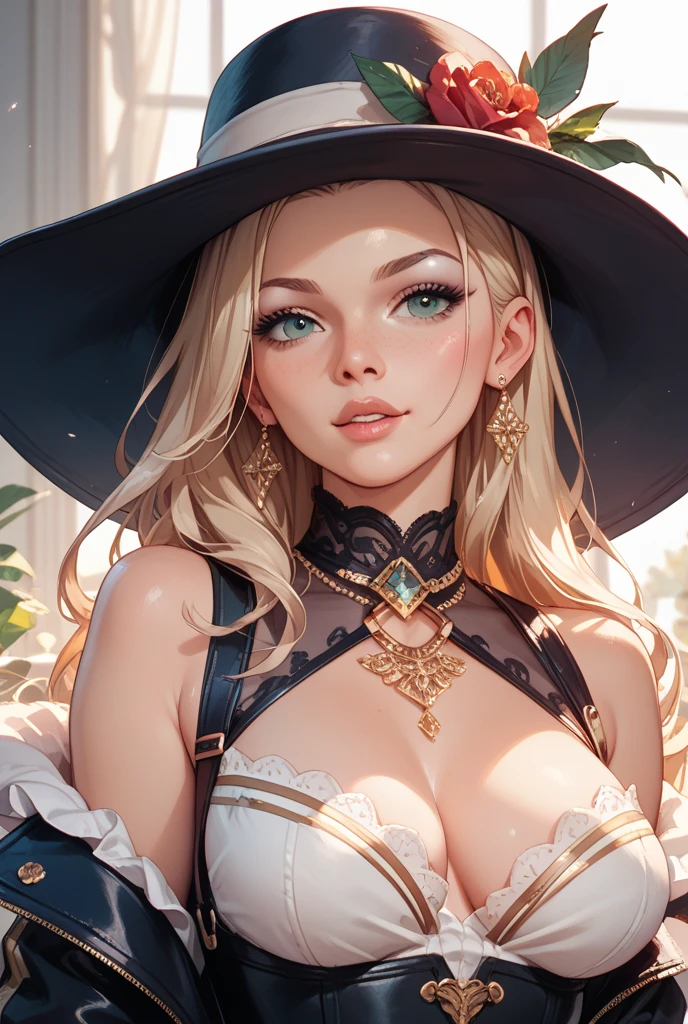 A Helder Arte desenho AI da SeaArt, that AI artistic creativity in an easy and uncomplicated way, Beautiful and ornamental hat, corpo inteiro, vestido lindo e decotado, corpo escultural,