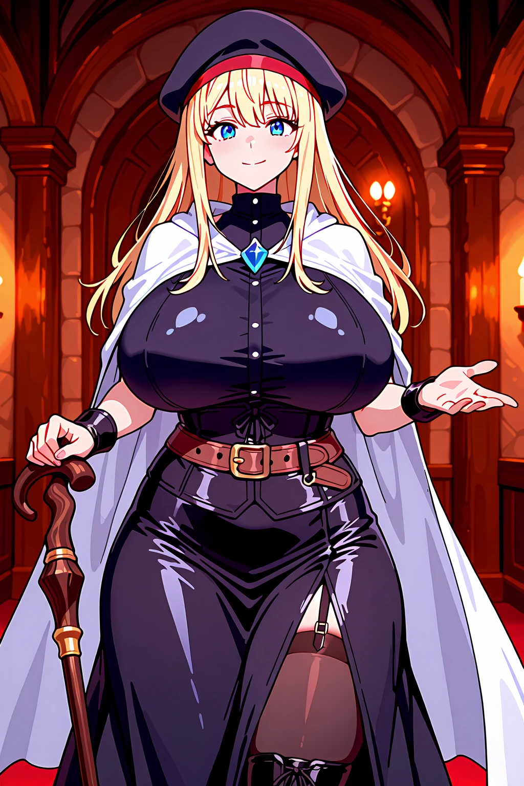 1girl, black dress, blonde_hair, breasts, cape, cleavage, clothing cutout, curvy, thick thighs, dress, forest, fur-trimmed_cape, fur_trim, gloves, green_eyes, hair_between_eyes, hat, jewelry, huge breasts, long_hair, looking_at_viewer, no panties, solo, thighs, witch hat <lora:TakedaHiromitsu:0.8>
