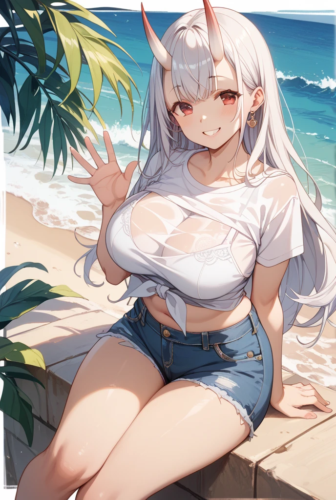 (8K、Highest quality、Highest quality、masterpiece)、Detailed face、One Girl、Spread legs、Spread Legs、(Brown Skin:1.2)、White and Long Hair、Blue Eyes、Sweat、Grin、(Black tank top、Denim hot shorts、Mini Shorts、Cameltoe)、Cameltoe、Beach、cloud、pussy line、between labia, partially visible vulva
belly button、Big Breasts、