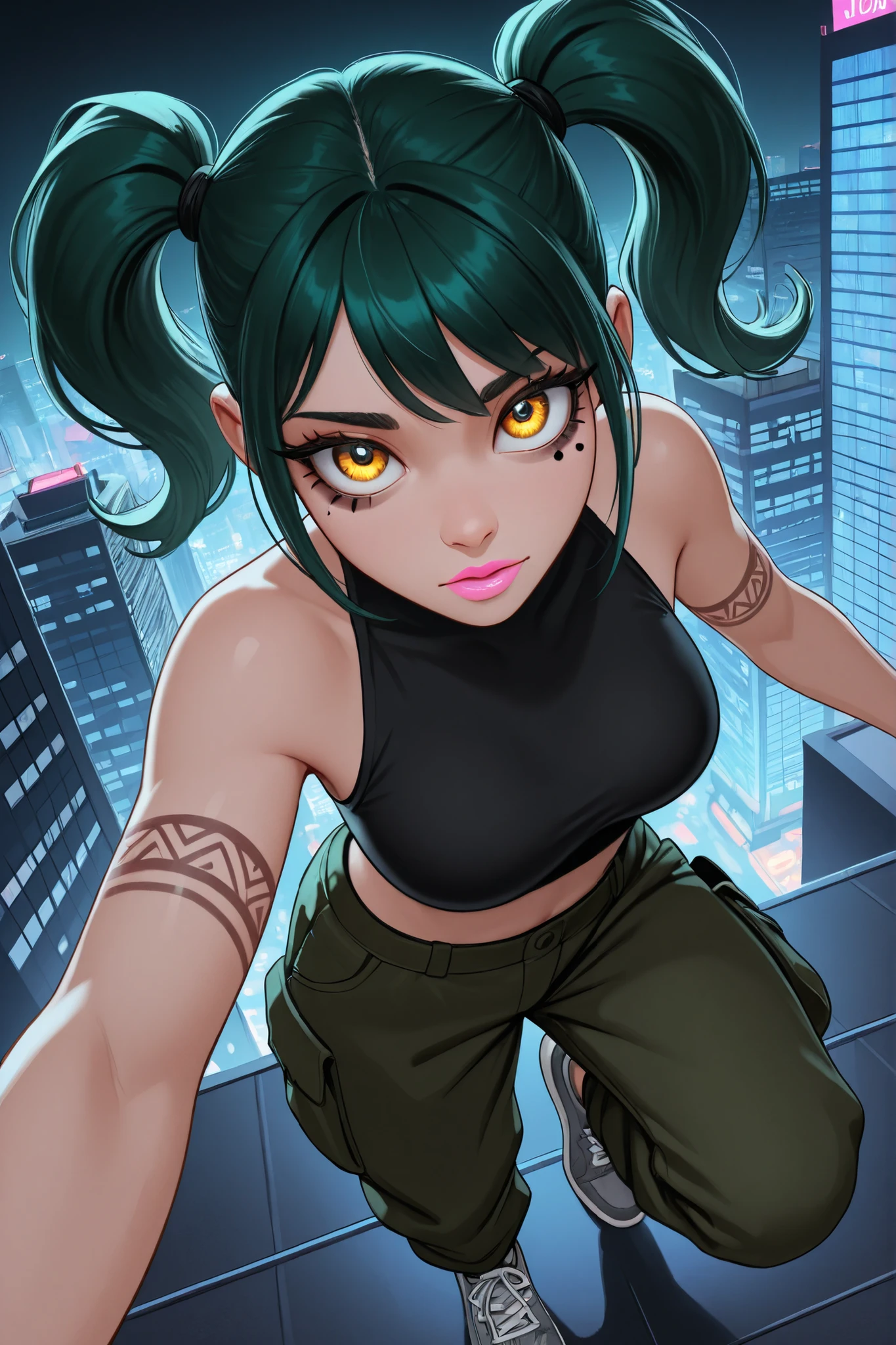 1 girl, medium breasts, black high-neck sleeveless top, dark green cargo pants, gray sneakers, tribal tattoo on the forearms, at the top of a skyscraper, dynamic pose looking up, neon city on a clean night background, focus alone, stare at the viewer, short redhead pigtails, golden eyes, painted small white dots under the eyes (horizontally), bright, light pink lipstick, eye shadow, beautiful thin eyelashes, attractive figure, Implicit (Detachment), masterpiece, best quality, incredible quality, very aesthetic, absurd, newest, volumetric lighting, (from top to bottom at an angle, close shot)