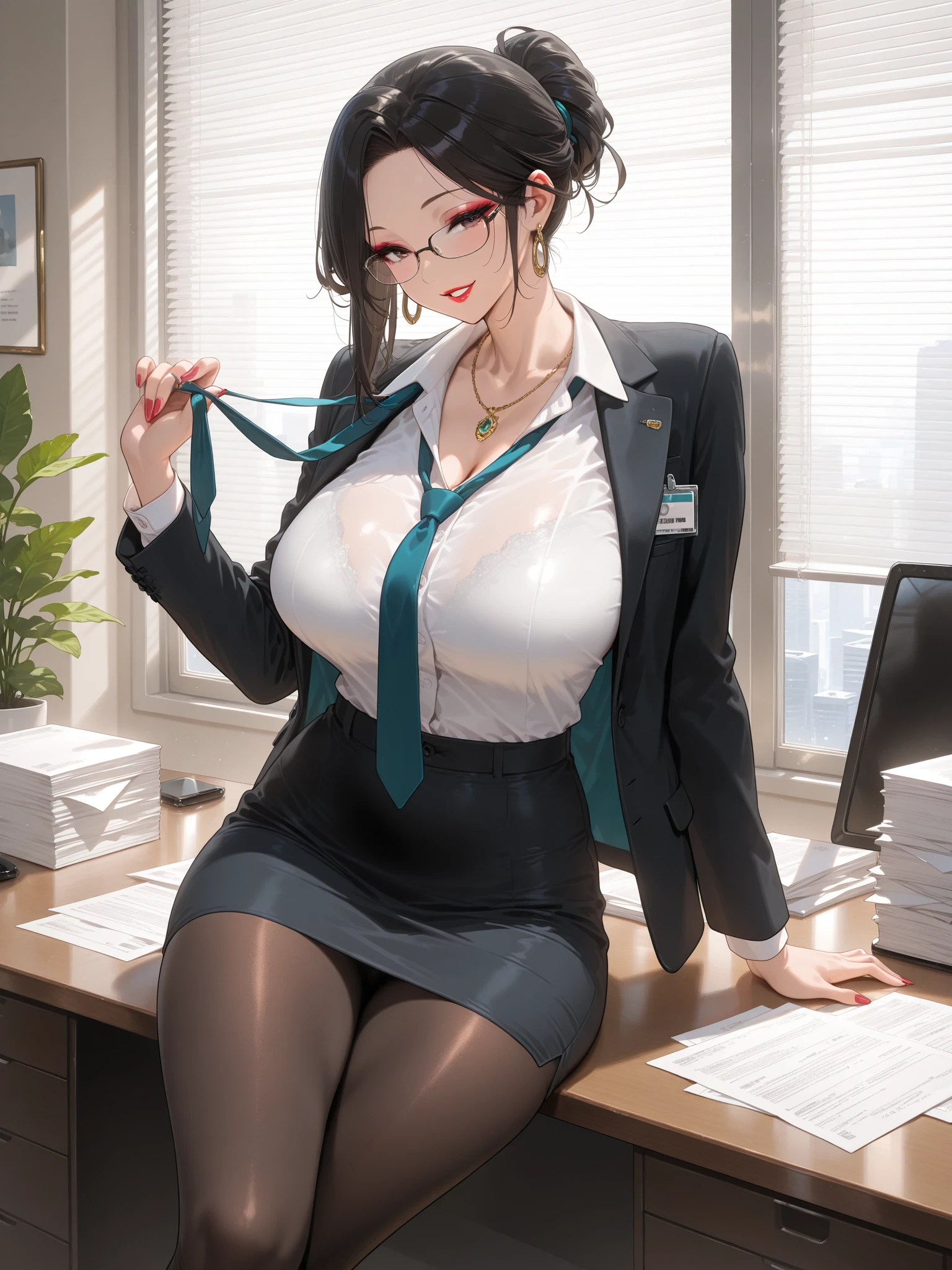 Bad, (Best quality:1.3), (4K quality), ((detailed face)),((smile)), ((skinny body)), Green hairs, (beautiful breasts), ponytail haircuts on the side of her head, cleavage, sexy, (((ecchi)) ), Skinny girl, skinny muscular woman, skinny body, perfect body, sexy skinny body, purple eyes, sexy slang, office, office lady, office clothing, office pantyhose, sitting on a chair, legs open, nsfw