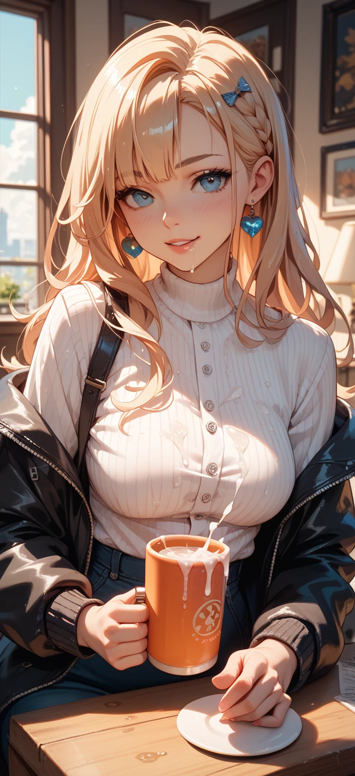 (masterpiece, best quality:1.4), (modern days), (cowboy shot), 1girl, solo, pov, sfw, stunning girlfriend, (standing:1.1), dynamic pose, (white oversized sweater, knit sweater:1.4), (skinny yoga pants, dark gray yoga pants: 1.4), (navy short jacket, denim jacket: 1.4), long blonde hair, bangs, heart-shaped face, elegant face, beautiful face, high detail face, high detail skin, skin pores, subsurface scattering, (blue eye details), realistic pupils, plump breasts, loving smile, looking at the audience, full blush, plump lips, holding a coffee cup, centered, coffee shop in background, city street, sunny day, wind, detailed background, depth of field, Atmospheric perspective, volumetric lighting, clear focus, absurd, realistic proportions, good anatomy, (realistic, hyper-realistic:1.4), 16k HDR,