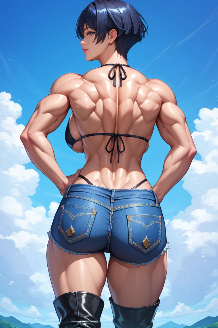 Rey Ayanami from Evangelio, An image in high resolution captures a woman with a mischievous expression,seductive smile. Her toned and (((muscular body))) is flawless., wet, shorts, white top, sexy face, sexy pose, thick thighs, full body, wearing a jeans shorts, crawling, big ass, emphasis on the butt, big ass, high resolution,