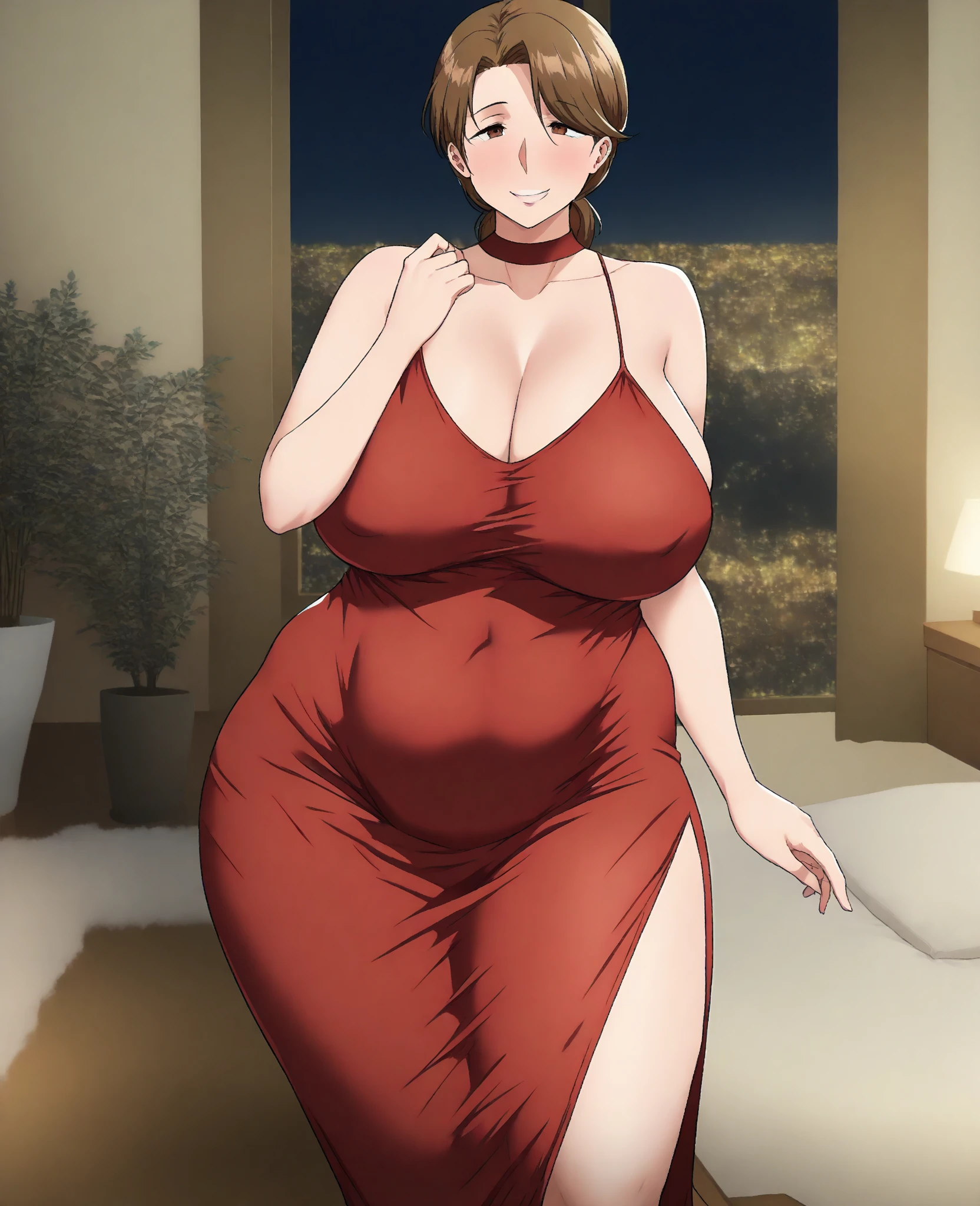 Full body, bedroom, looking at viewer, Short bob haircut, Windswept Messy Bob purple Hair, eyeliner, (red dress), (red lipstick), (light blue pearl necklace), cleavage, milf, mature