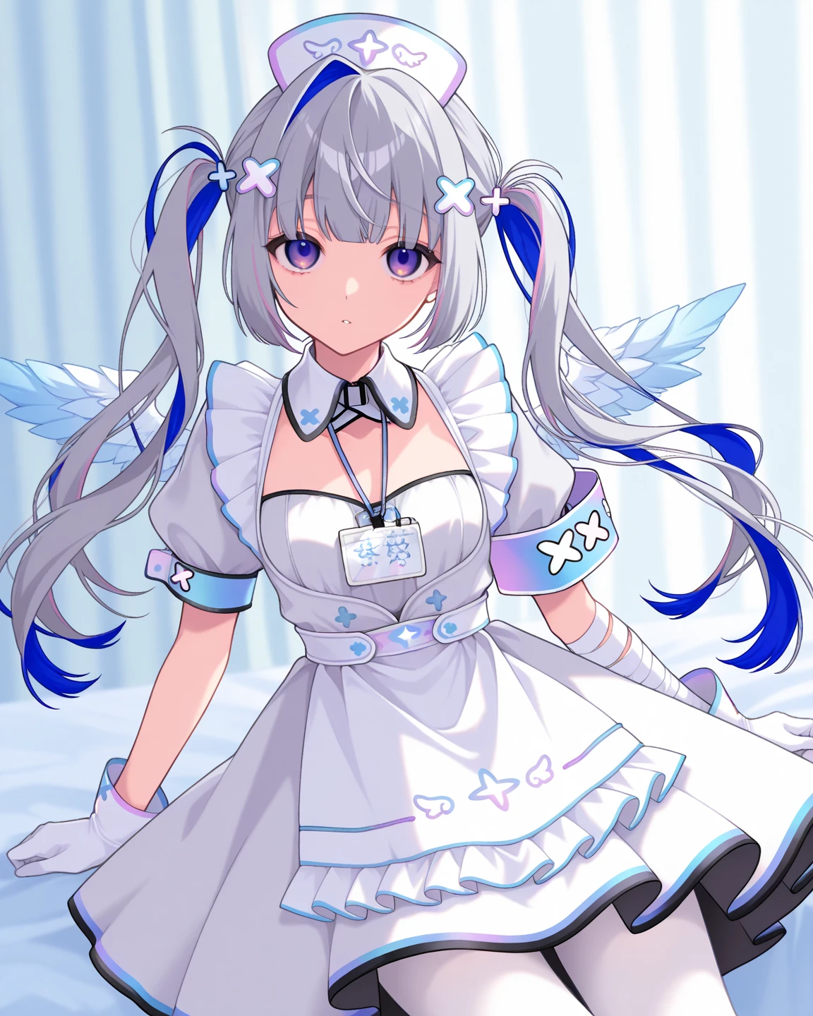 1girl, virtual youtuber, amane kanata, white pantyhose, blue hair, solo, pantyhose, nurse cap, gloves, blood bag, single hair intake, multicolored hair, bandages, twintails, long hair, hat, grey hair, purple eyes, official alternate hairstyle, blood, intravenous drip, bandaged arm, official alternate hair length, white gloves, colored inner hair, nurse, hair ornament, holding, x hair ornament, angel wings, looking at viewer, pill, apron, knife, wings, white apron, dress, pink hair, flower, white dress, very long hair, white footwear, frilled apron, blue flower, armband, holding knife, frills, white headwear, rose, streaked hair, full body, syringe, white wings