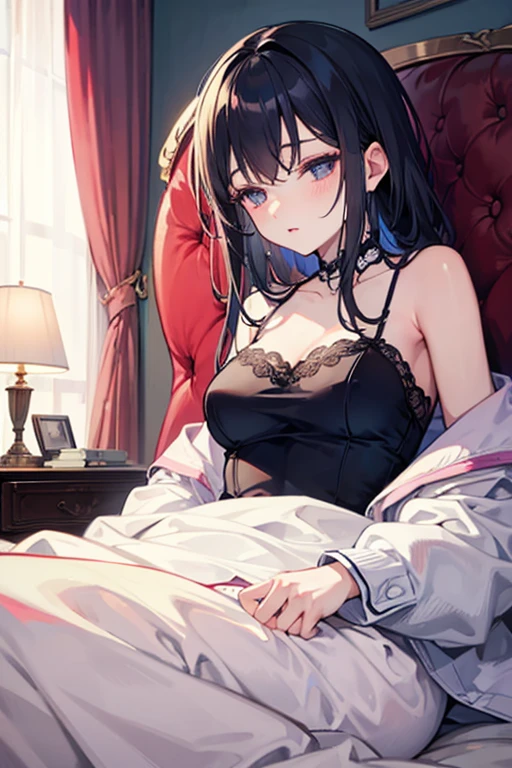 1 woman, demon girl with is posing for a picture in bedroom, blushed face, black shirt, white skirt, beautiful eyes finely detailed, big breast, a picture by Shitao, pixiv, anime girls, seductive smile while unbutton her shirt, (beautiful detailed eyes:1.6), extremely detailed face, perfect lighting, extremely detailed CG, (perfect hands, perfect anatomy).