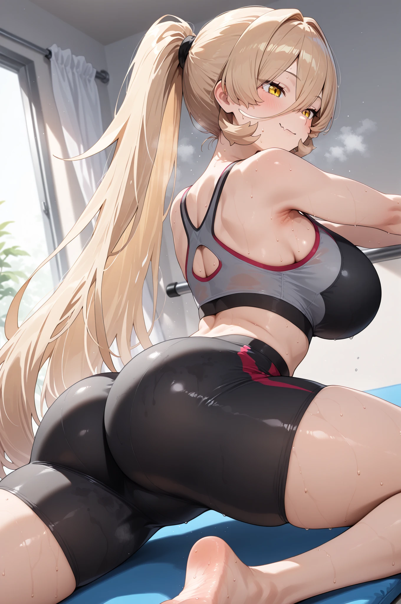 (masterpiece), best quality, expressive eyes, perfect face, massive breasts, massive ass, very curvy, long blond hair, yellow eyes, slutty, full lips, seductive, in pain, gym, white clothes, yoga pants, gym, massive breasts, wide hips, tan, white clothes, one female , running, running on treadmill, sprinting , spring on treadmill, eyes closEd, running on treadmill, clenched teets,
