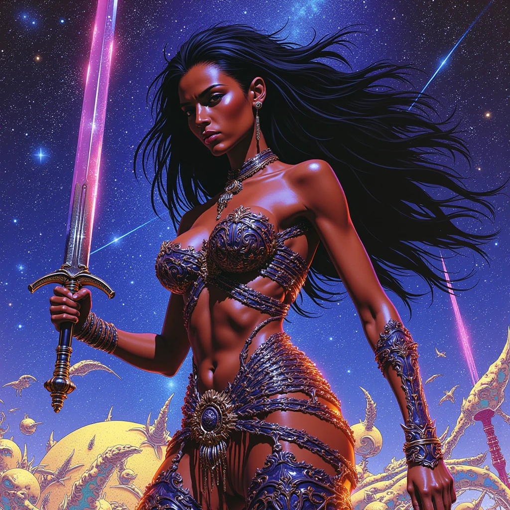 One barbarian girl, space-warrior girl, cyborg girl, beautiful bbw girl, chubby girl, woman-warrior, whole body, nude body, Perfect skin, space background, dark fantasy, Luis Royo style, Science fiction, 80s, 16-bit game, VHS era, planet in space background, purple lightning, psychedelic color background, smog, fog, swamp, girl in swamp, mad max style, vhs tape cover