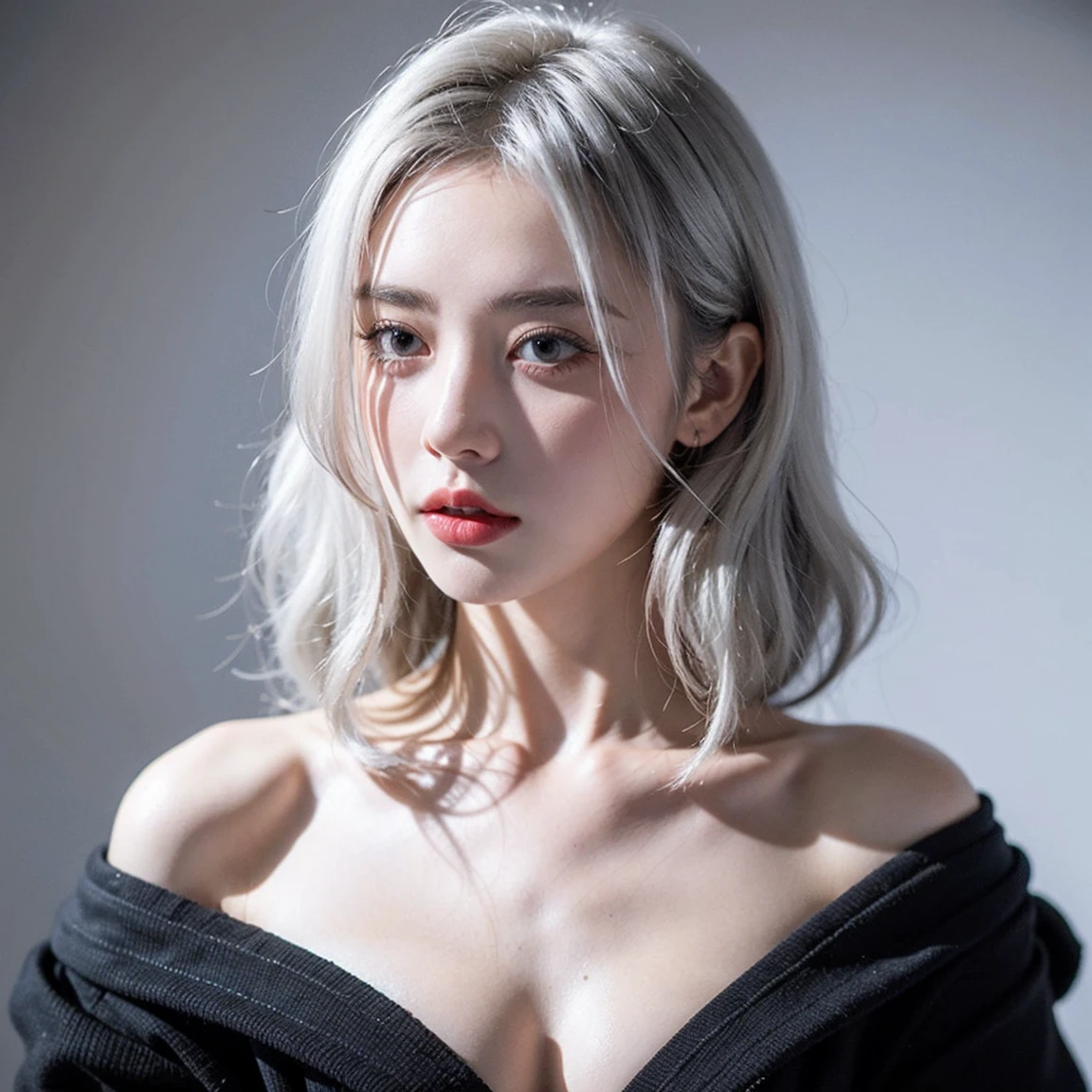 (photo realistic:1.4), (hyper realistic:1.4), (realistic:1.3), (smoother lighting:1.05), (increase cinematic lighting quality:0.9), 32K, 1girl, 19 year old girl, pale skin color,172 cm tall, chest size 34D, ((long silver fluffy hair )),realistic soft lighting, backlighting, light on face, ray trace, (brightening light:1.2), (Increase quality:1.4), (best quality real texture skin:1.4), finely detailed eyes, finely detailed face, finely quality (gray eyes), (tired and sleepy and satisfied:1.0), mean face, face closeup, Chris Foss Fall Off-Shoulder Sweater, (Increase body line mood:1.1), (Increase skin texture beauty:1.1)