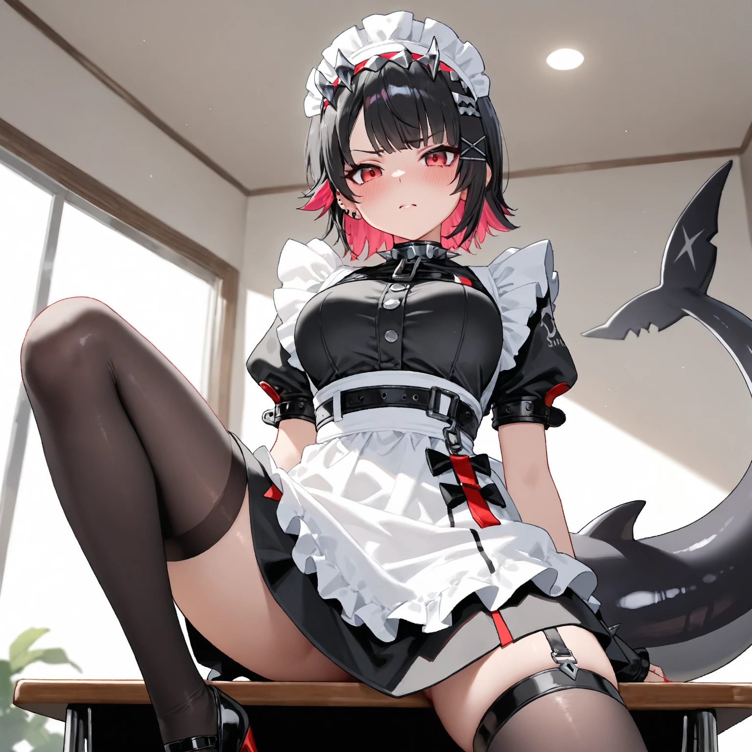 (Zenless Zone Zero), (Slime girl Ellen Joe:3.0, Ellen Joe outfit:3.0, Ellen Joe is Melting, slime girl melt:4.0, melt legs:3.0, melt feet:4.0, melt body:4.0, melt hands:4.0, melt arms:4.0, melt breasts:6.0, dripping slime:3.0), shark tail open mouth, slime girl body:4.0, 1 adult beautiful woman, unbuttoned blouse, wet see-through clothes, black hair, Slime girl hair, blushing, red eyes, detailed face, (masterpiece, top quality, very detailed depiction), slime girl melting into a puddle, skin colored puddle, slime puddle under her body