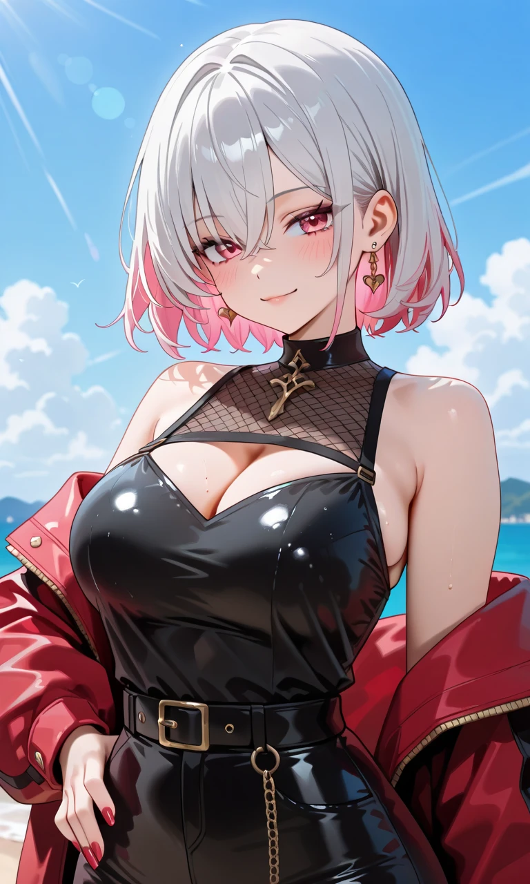masterpiece, best quality, high_resolution, fine details, very detailed and beautiful, distinct_image, 1 girl, solo, silver-haired, red eyes, dragon horns, (huge breasts), (),(from bottom),curvy(crystal),(sunglasses),steam,micro bikini,(red thighhigh),((sea))