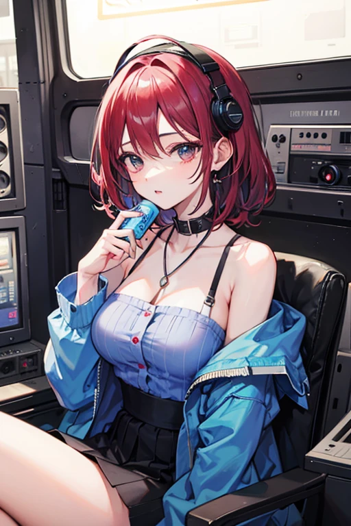 masterpiece, best quality, highres, nm1, red hair, headphones around neck, school uniform, long sleeves, blue cardigan, green skirt, pantyhose, ashaned, (((blushing a lot))), thighs, breasts, ((black laced bra)), visible bra