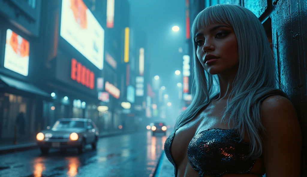 Neon Noir Beautiful Naked Female,Looking at Viewer, . Cyberpunk, Dark, City of Rains, neon signs, outside the double door of a nightclub, High contrast, low illuminance, Vibrant, Highly detailed, silver hair color, shoulder length bobcut hair, wet hair, Luminous Eyes, cherry red lipstick, transparent plastic rain jacket, black skin tight bra, heavy rain