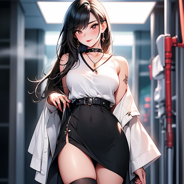 (Masterpiece:1.2, best quality : 1.2, illustration), Gorgeous caucasian woman, (beautiful face), long black hair, (long eyelashes), long thick eyebrows, (sparkling green eyes), (bangs), bangs over one eye, one eye covered by hair, ((red glossy lips)), red cheeks, pale white skin, (collarbone), (off-shoulder jacket), black bra underneath, visible cleavage, (short mini skirt), long legs, ((visible thigh)), dynamic standing pose, slighly bent forward, looking towards the viewer, park background, rectangular bushes, slightly dark environment, ((wallpaper)), highres, 4k, 8k, 1080, HD, Intrinsic details, aesthetic indoors, (blurry background), highly focused, extremely detailed, award-winning, (shadow effect)