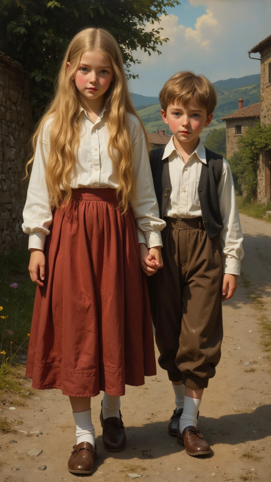 Let it be the 19th century. Let's say she's a 19-year-old girl with red hair, some freckles, and white skin, but her cheeks are a little red from the sun. he is standing. He has an old cream-colored hat tied with a bow under his chin. He has a short green coat with a motif, fitted to the waist, with puffy skirts, also from the 19th century. Let her cream colored lace dress be visible from her skirts. Have cute brown shoes on your feet, also from old times. In his hand is a small tan suitcase-like bag. Waiting at a train station in the 19th century. Their looks are a little sad and confused. He will get on the train alone and leave, there is no one with him and he is not waiting for anyone. Let it be a hopeful and excited expression about the future.
Apart from this girl, there are very few people in the train station, but they are not clear, they appear as a blurry, blurry, silhouette. Let there be only one little boy clearly visible at the station. This boy appears behind the girl and looks at her. This child is also 7 years old, sitting alone on the floor, leaning against the wall, covered in dirt and rust.
