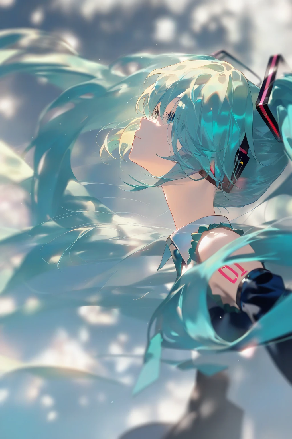 solo,1girl, hu1, ,hatsune_miku,from side, (midair, in air, hugging own legs,fetal position ,floating in air,self hugging:1.2), eyes closed, hairup1,(long hair,hair floating up,blown hair:1.2),1girl, full body, angel white halo,night,angel, light and shadow, lighting,light particles, ,ligne claire,from below,night sky,starry, blurry foreground,(horizon:1.2),
<lora:hairup:0.3>