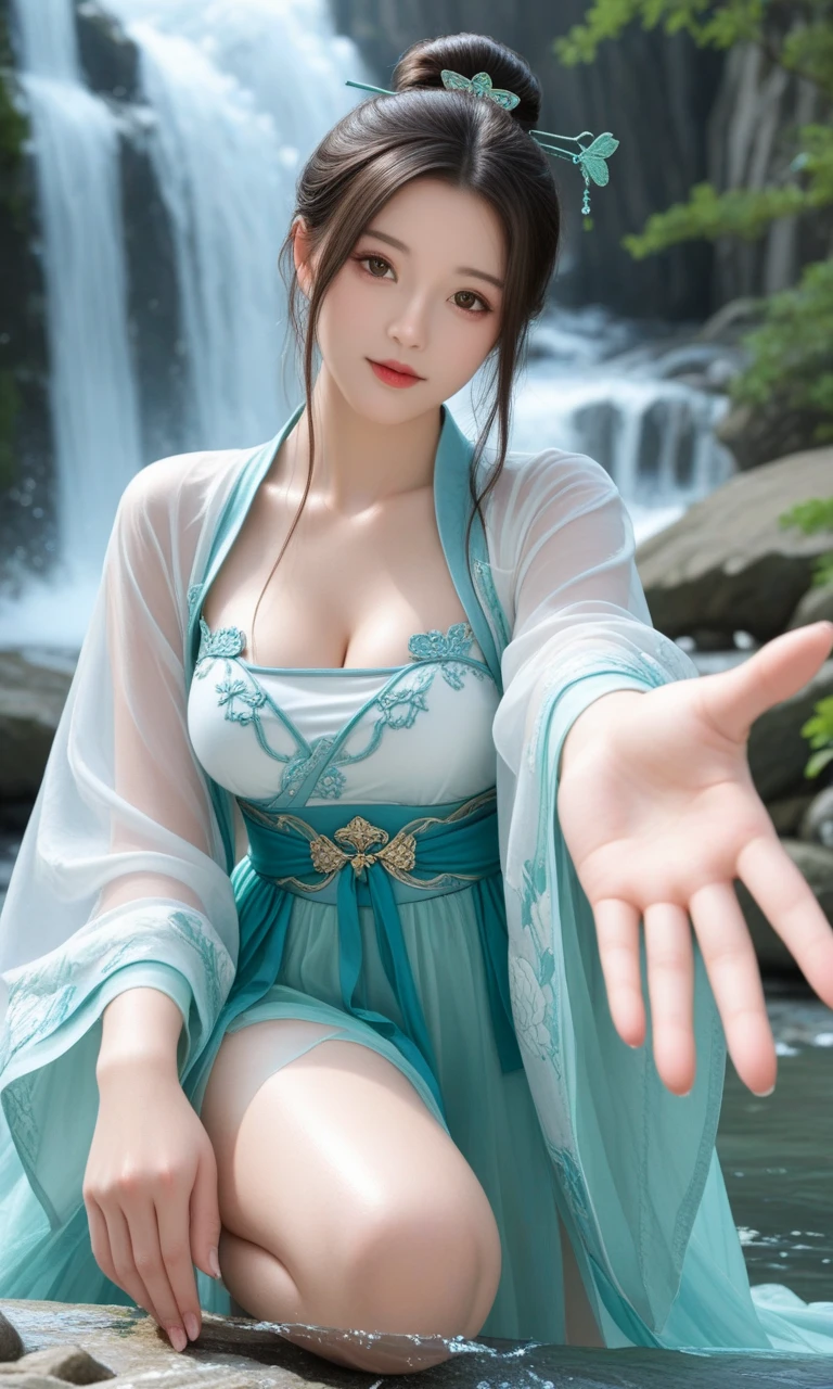 absurdres, RAW photo, extremely delicate and beautiful, masterpiece, Best Quality, ultra high resolution, 32k, hyperrealistic, ultra-detailed, perfect anatomy, anatomically correct, perfect figure, super Detailed skin, 20 years old, very Slim body, narrow waist, very small head, very small face, delicate facial features, detailed face, detailed eyes, tearful mole, earring, thin legs, bare legs, ((very huge round breasts)), short medium hair, ((wavy hair)), wet clothes, (((Hanfu))),