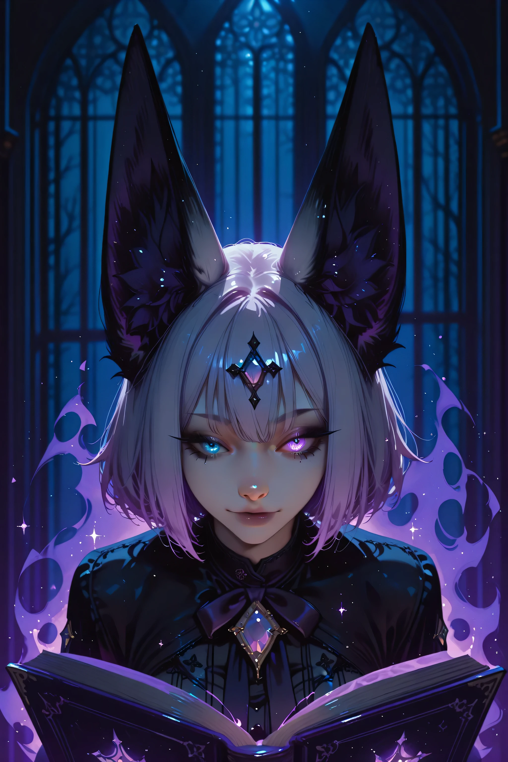 masterpiece, detailed, 1 fox girl, light grey fur, Heterochromia,  right eye purple , left eye yellow , black ears, purple inside, purple and blue crystals in the ears, purple diamond with gold edging on her forehead, light purple short hair with a small pigtail on the side, realistic fur, Fluffy tail, sharp ears, elegant, with a magic book, dark magic around, dynamic pose, expressive look, dark atmosphere, dark lighting, deep shadows, foggy background, gothic aesthetics, dramatic lighting, moonlight, mystical aura, dark tones, detailed slight glitter in the eyes, blurred background, soft transitions of shadows 