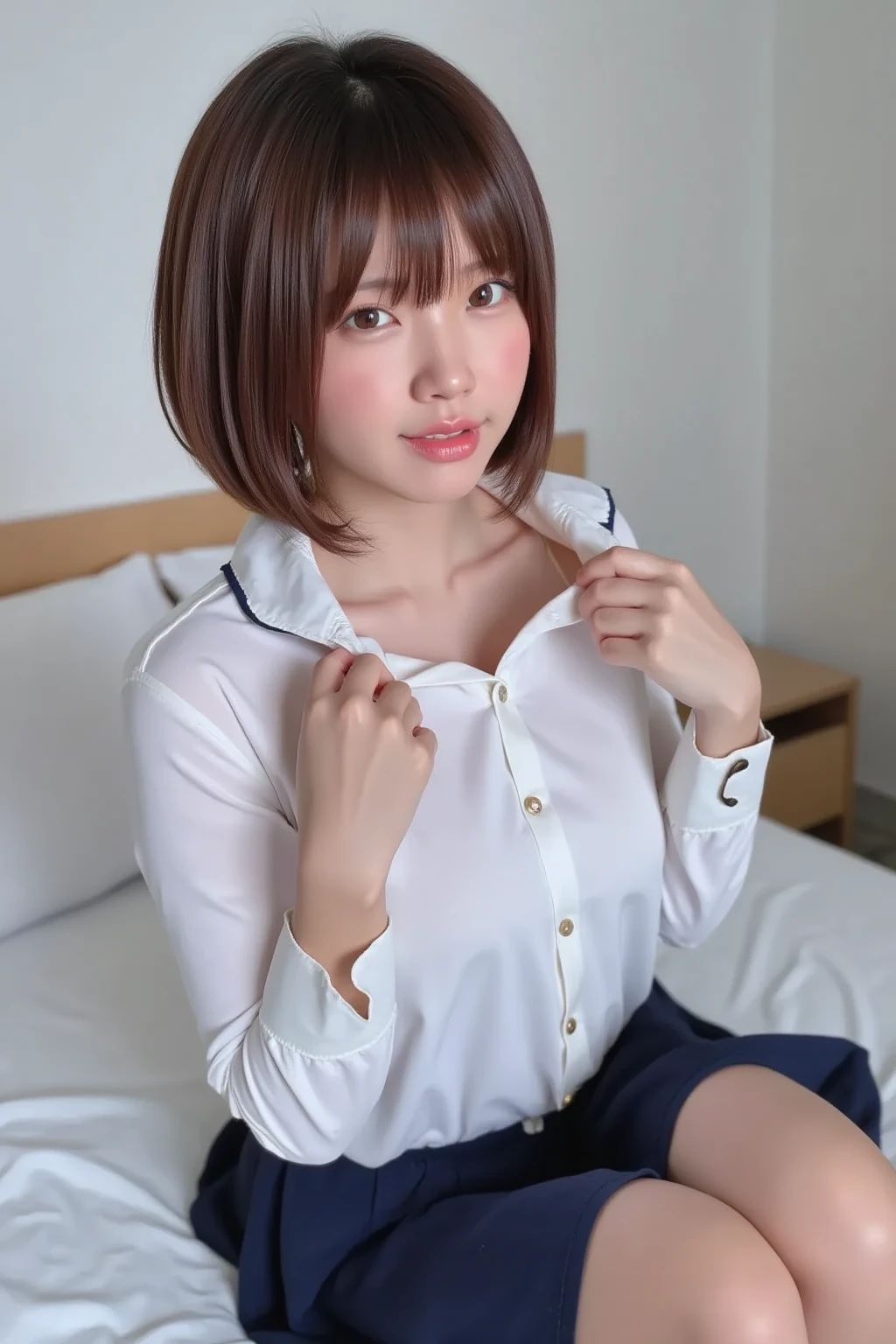 masterpiece, best quality, illustration, Super detailed, fine details, High resolution, 8K,wall paper, perfect dynamic composition,(Details High quality, realistic depiction of eyes:1.3), short bob hair, (Oversized_Shirt:1.2)、Oversized_Shirt, ((facing viewer)), hotel room, Layered Cut, black hair color, Big Natural Color Lip, sexy pose, crying a little、Harajuku style、20 year old girl、cute type、lolita, hposing Gravure Idol, full body photo, huge breasts