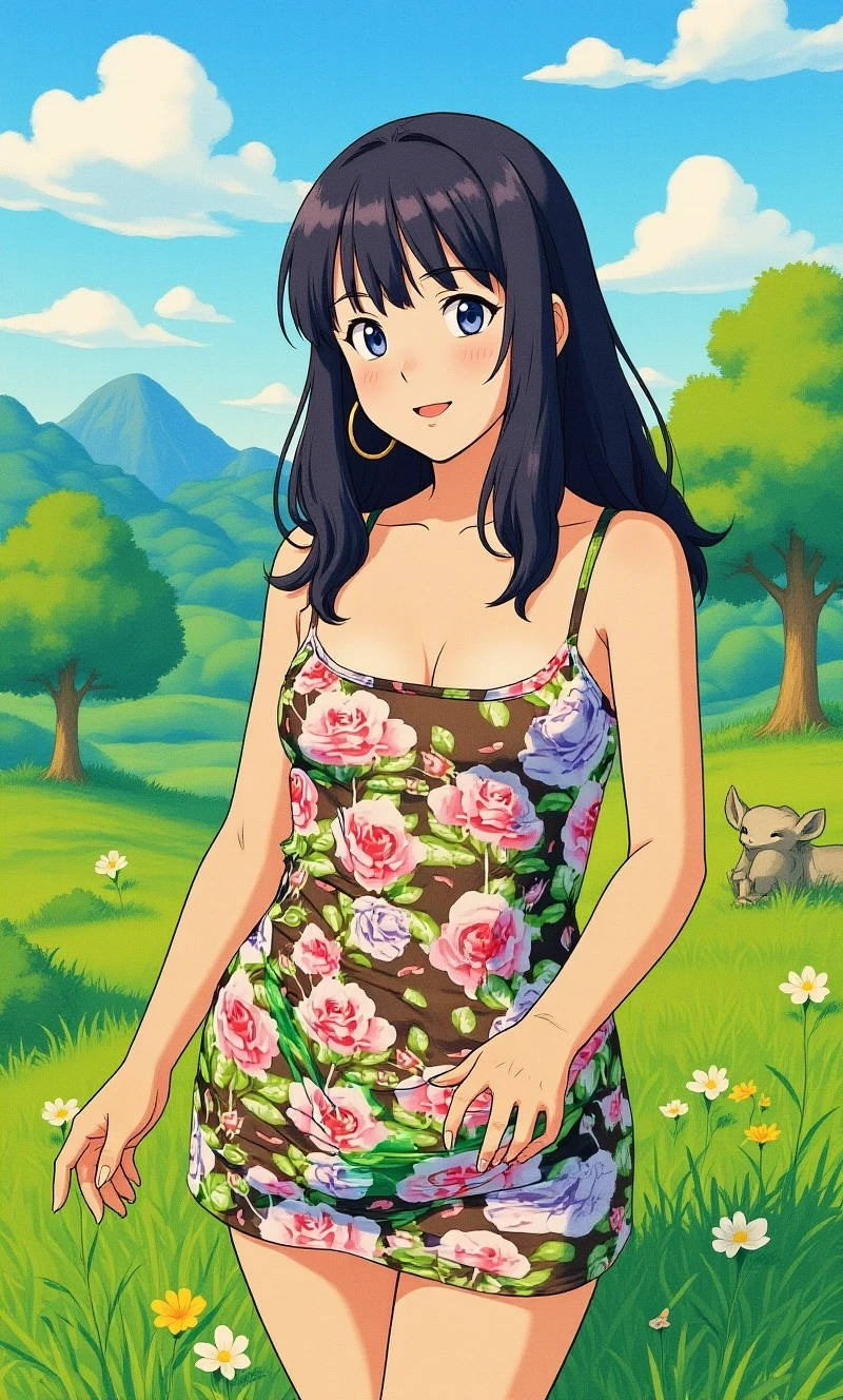 full body, solo, 1girl, looking up, walking, smile, blush, large breasts, dress shirt dress, day, Tuberose \(flower\), desert mountain <lora:Kojiki_Ohji_style_v01.99.25:1>