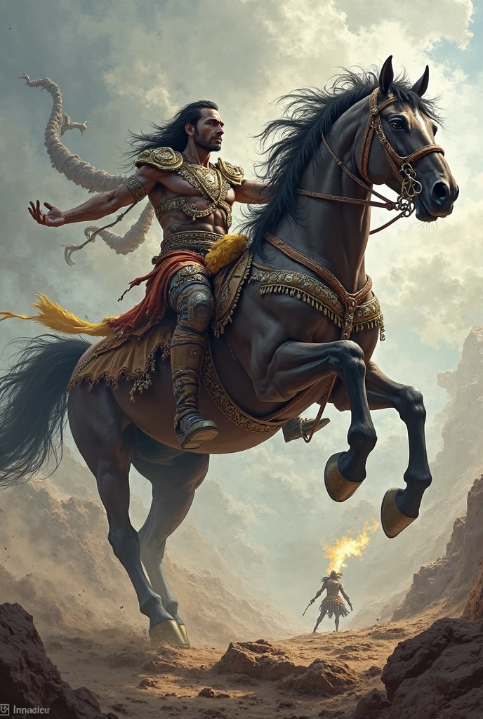 muscular bipedal camel with 3 heads, doing an indian deity pose, wearing purple sultan pants, digitl art, painting-like, HD, unrealistic, with one arm down and the other arm up, illustration, 4 arms in different positions