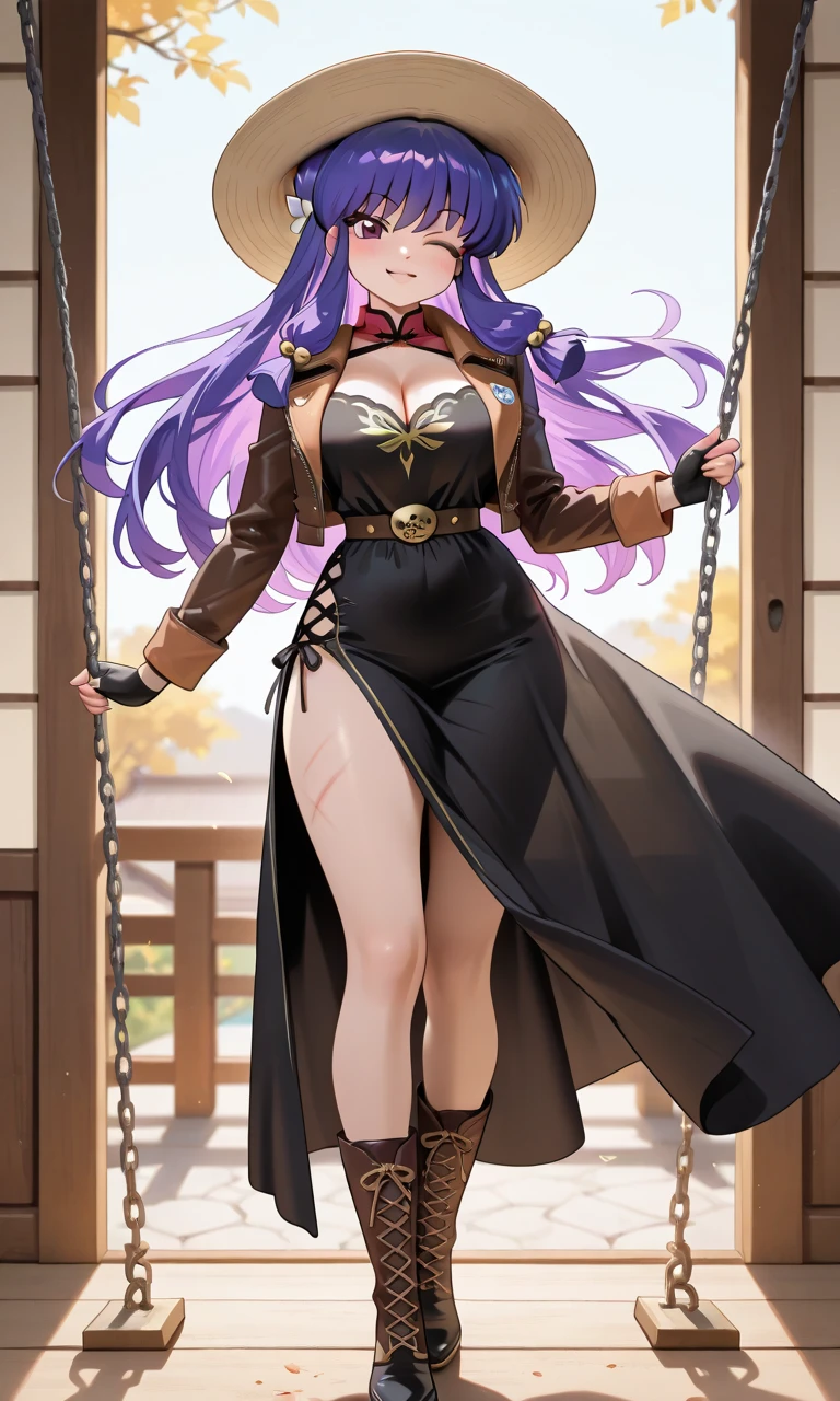 ((Full body photo)). Laura/woman with large breasts is standing, ((wearing black maid's outfit with blank parts/extremely tight on the body/extremely exhibitionist and maid's headdress on the head)), she is on a balcony of an extremely high hotel winding very strongly, her (hair/body/clothing/movement in the wind:1.7), she is looking at the viewer, smiling,  Doing pose. She has (purple hair:1.3) and (green eyes:1.3), Mortal Kombat, anime, framed, symmetry, 16k, best quality, super detail, textured skin, UHD
