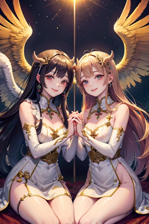 (2girls), (Angels and demons), (twins), (Wings), (Long silver hair and long black hair), (Delicate glowing pretty face and delicate dark pretty face), (Detailed eyes:1.2)(The aperture on the top of the head of the girl on the left and the horn on the top of the head of the girl on the right), (White holy wings and black demon wings), Hug together, With his eyes closed(enormously detailed:1.3), Side face to side face, Light smile, reflective light, blend, stereograms, symetry, Cowboy shot, The ultra -The high-definition, 巨作, A high resolution, ultra-definition, baroque, Abstractionism, Ray tracing, reference sheet, move chart, projected inset, Caustics, Wide-angle, from above, ccurate, Textured skin, Super detail, High details, High quality, 8K