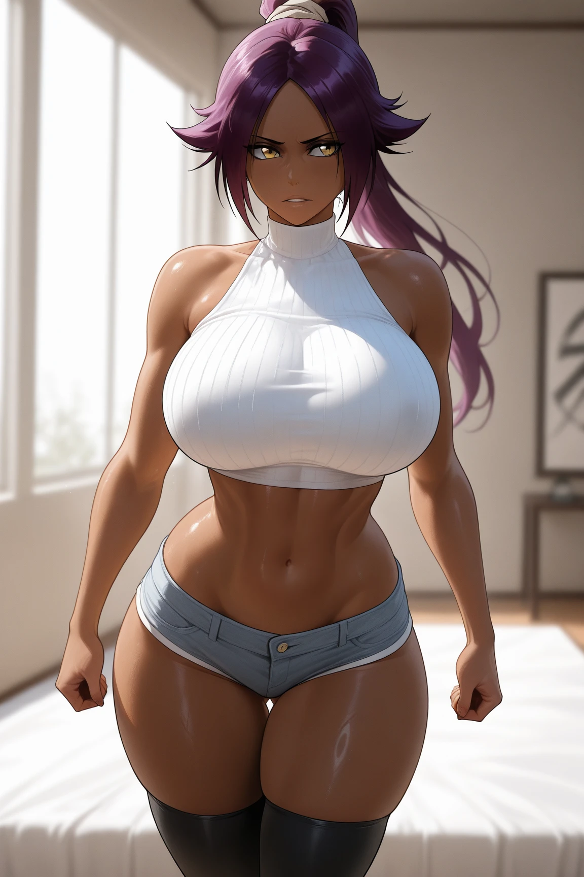 Yorui Chishihou Inn, Yoruichi shihouin, long hair, (yellow eyes:1.5), ponytail, purple hair, black skin, shallow black skin woman, ((dripping sweat、oil skin,sparkling skin、realistic skin texture、detailed beautiful skin、shiny skin、shiny white skin))),
break ((Unique micro bikini with no area))、(underboob:1.8), big breasts、
break outdoors,
break looking at viewer, (cowboy shot:1.5),
break (masterpiece:1.2), highest quality, High resolution, unity 8k wallpaper, (figure:0.8), (beautiful and fine eyes:1.6), highly detailed face, perfect lighting, Very detailed CG, (perfect hands, perfect anatomy),
