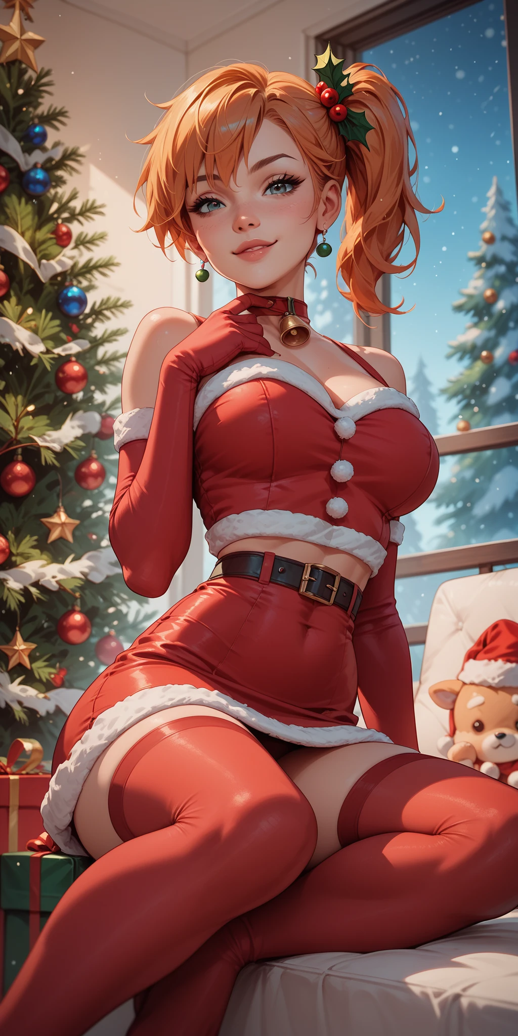 realisitic, top-quality, 1womanl, Mature, ((red blush)), perspiring, Santa Cap, Red Bob Hair, (Protruding tongue), ((Santa Claus Costume))、Black PVC gloves, large full breasts,  双臂在头后