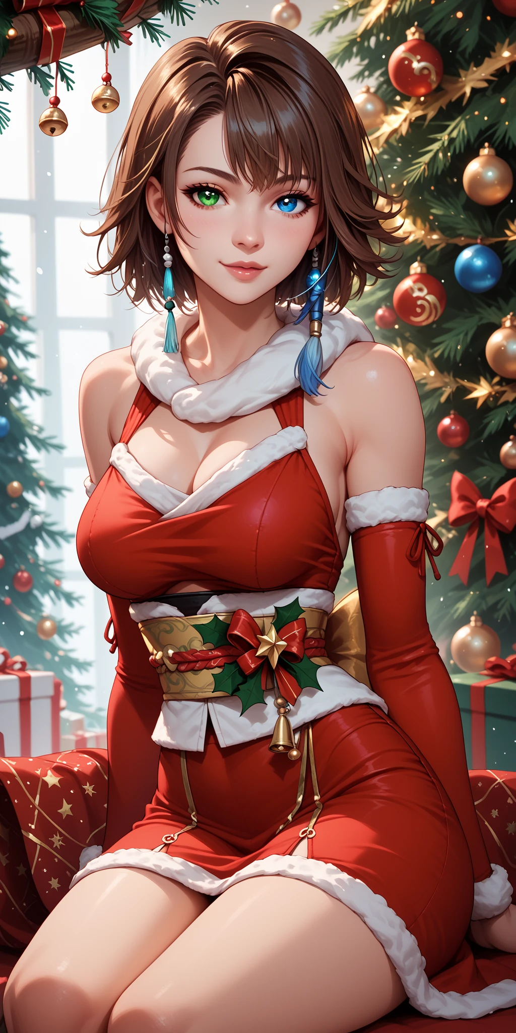 masterpiece, best quality, xmasManuela, christmas, ribbon, red collar, fake antlers, fake animal ears, cape, fur trim, red leotard, brown gloves, fishnets, cowboy shot, from above, looking at viewer, smile, large breasts<lora:manuela-nvwls-v2-2-000010:0.9>