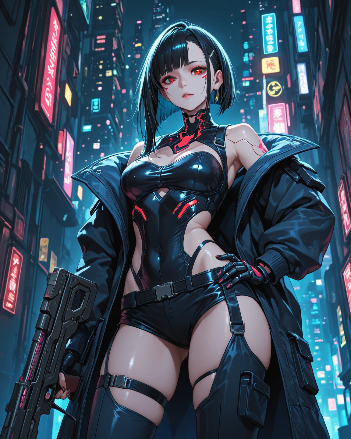 (1girl in)、(Plump beauty)、(Black hair)、(30-years old)、(Top image quality)、(8K picture quality)、(cyberpunked)、(masutepiece)、 (Flickering of light)、(Wear a cyberpunk military uniform)、cinematric light, Cinema Shadow, Sharp Image, Extremely detailed, Volumetric, Bright sprites, particles effect, beautiful effects, Vivid colors, neons, Neon light, Highly detailed image textures, detailed hairs, Detailed eyes, city、Dark hair、Eyes glow、Photo from the knee up、