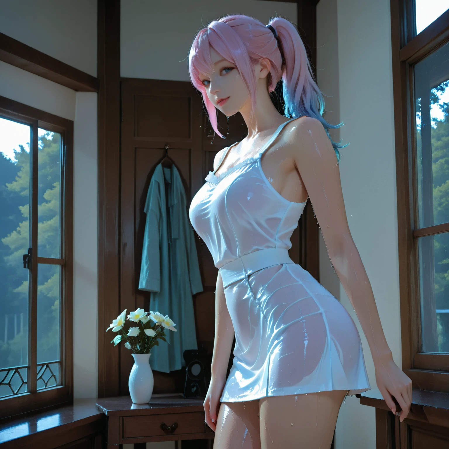 (quality)), ((masterpiece)), Recommended resultsluffly、(see through:1.5)、full body lesbian、Squat down、、straighten your back、(Keep ???? forward:1.)、、spread  、huge，Oversized bust，、angle to floor:1.2、low camera angle、There  white liquid flowing out of the ??????、Whole body facing the camera，pink latex，yoga clothes，